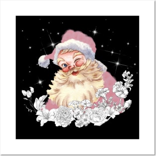 Cute pink Santa with vintage white flowers. Posters and Art